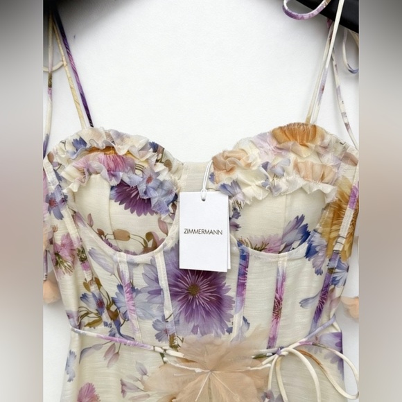 Zimmermann Cream Midi Dress with Purple and Yellow Floral Print - Picture 3 of 6